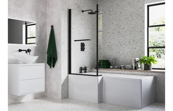 Navarie L Shape SUPERCAST 1700x850x560mm 0TH Shower Bath Pack (RH) - Matt Black